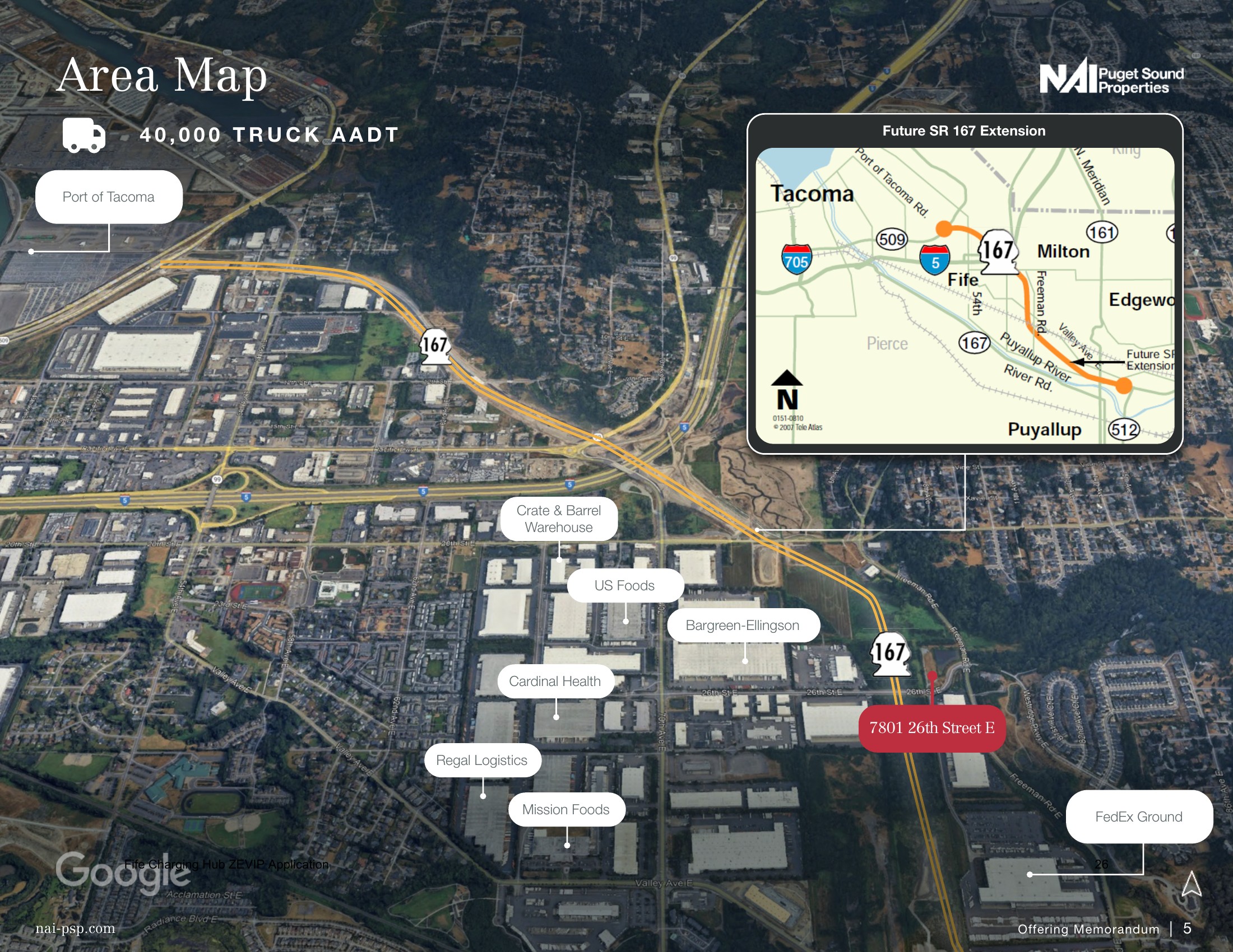 Aerial view of the Fife Charging Hub site at 7801 26th Street E showing surrounding fleet tenants along the SR 167 corridor